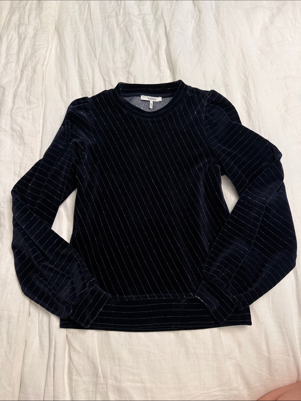 Ganni Navy Velvet Pinstripe Crewneck Blouse